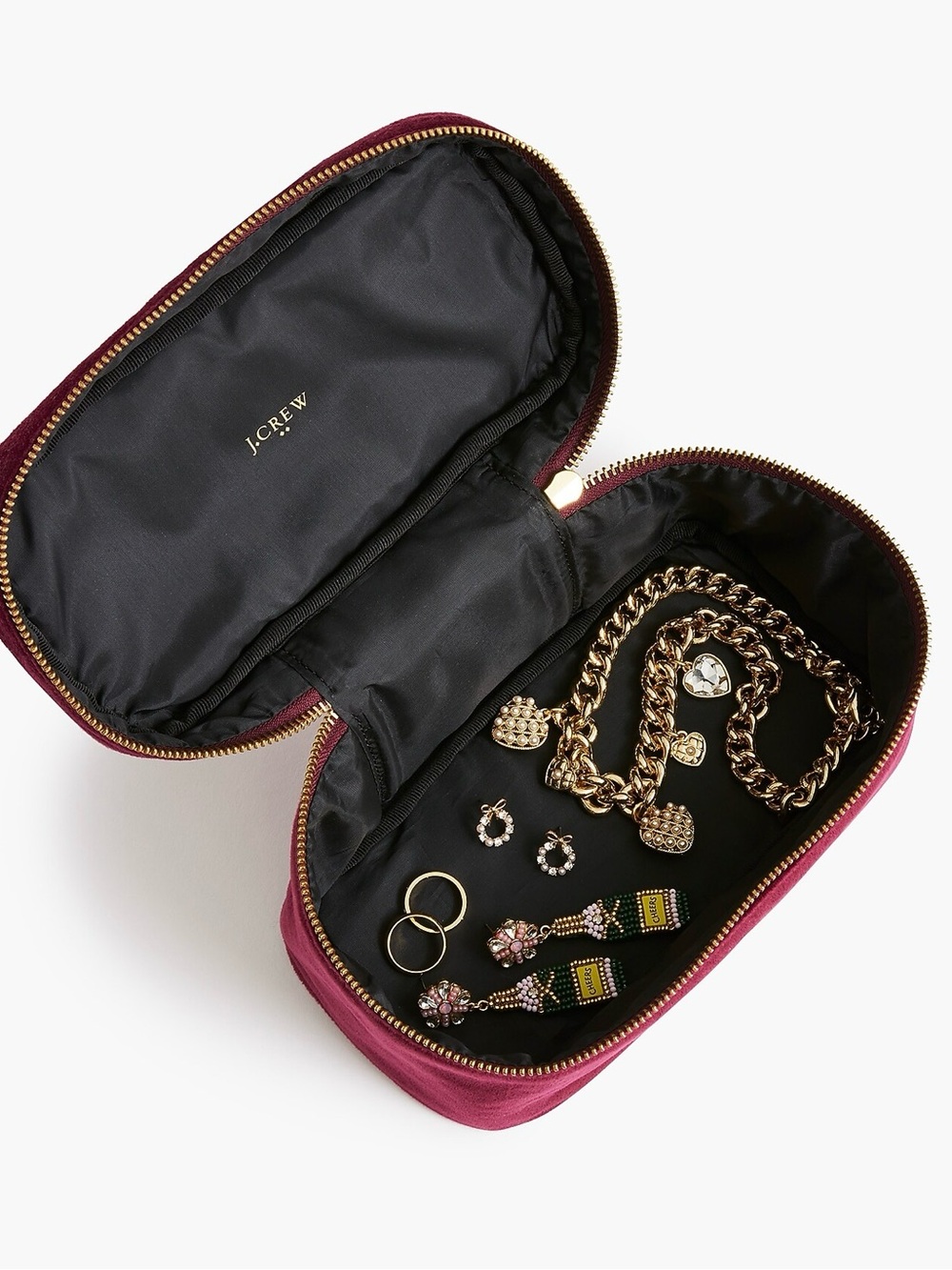 NWT J.Crew Burgundy Velvet Handled Jewelry Cosmetic Case w Gold Tassled Zipper